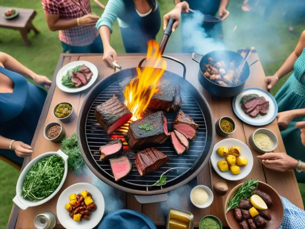 Reunión tradicional del asado uruguayo: amigos y familia disfrutan de churrasco, morcilla y chorizo en una mesa rústica bajo un árbol frondoso