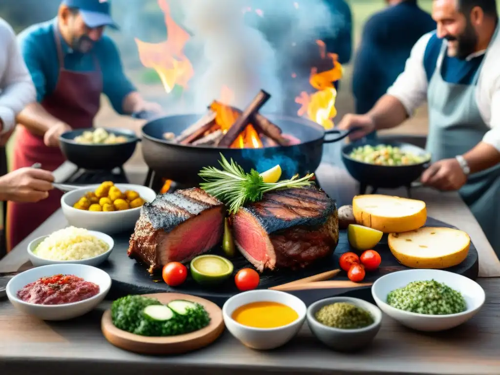 Una reunión tradicional de asado uruguayo en Rutas del asado uruguayo, con amigos y familia disfrutando de una parrillada campestre al atardecer