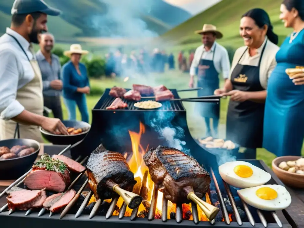 Reunión tradicional de asado uruguayo en entorno rural, con diversidad de personas riendo bajo cielo azul