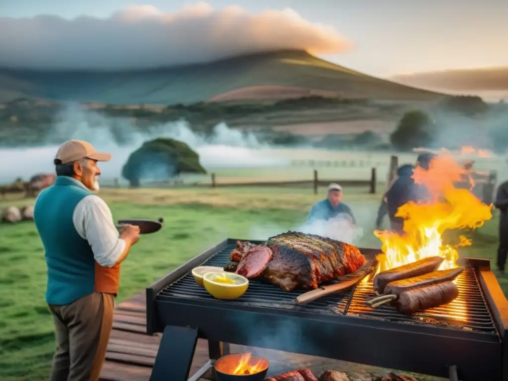 Una reunión tradicional del asado uruguayo con amigos y familiares disfrutando de una parrillada al aire libre al atardecer