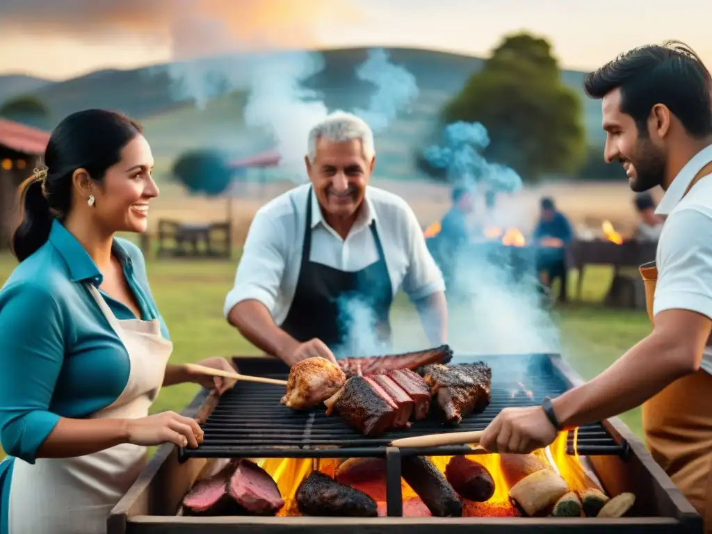 Una reunión tradicional de asado uruguayo en el campo, con gente de todas las edades disfrutando juntos