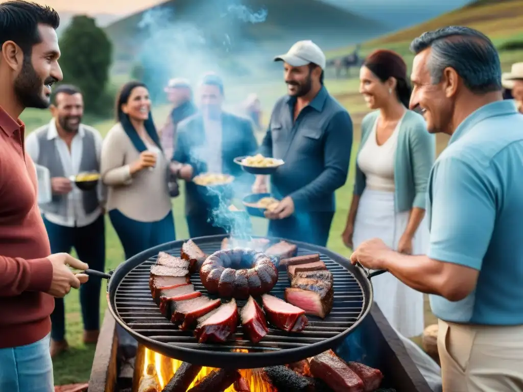 Una reunión tradicional de asado uruguayo con amigos y familiares en el campo, reflejando la innovación en el asado uruguayo