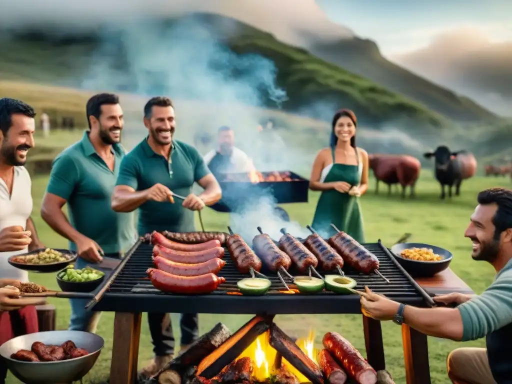 Una reunión tradicional de asado uruguayo en el campo, amigos y familia disfrutando juntos