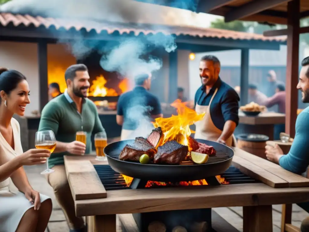 Una reunión tradicional uruguaya alrededor de un asado, reflejando camaradería y tradición en una escena comunitaria iluminada por el fuego