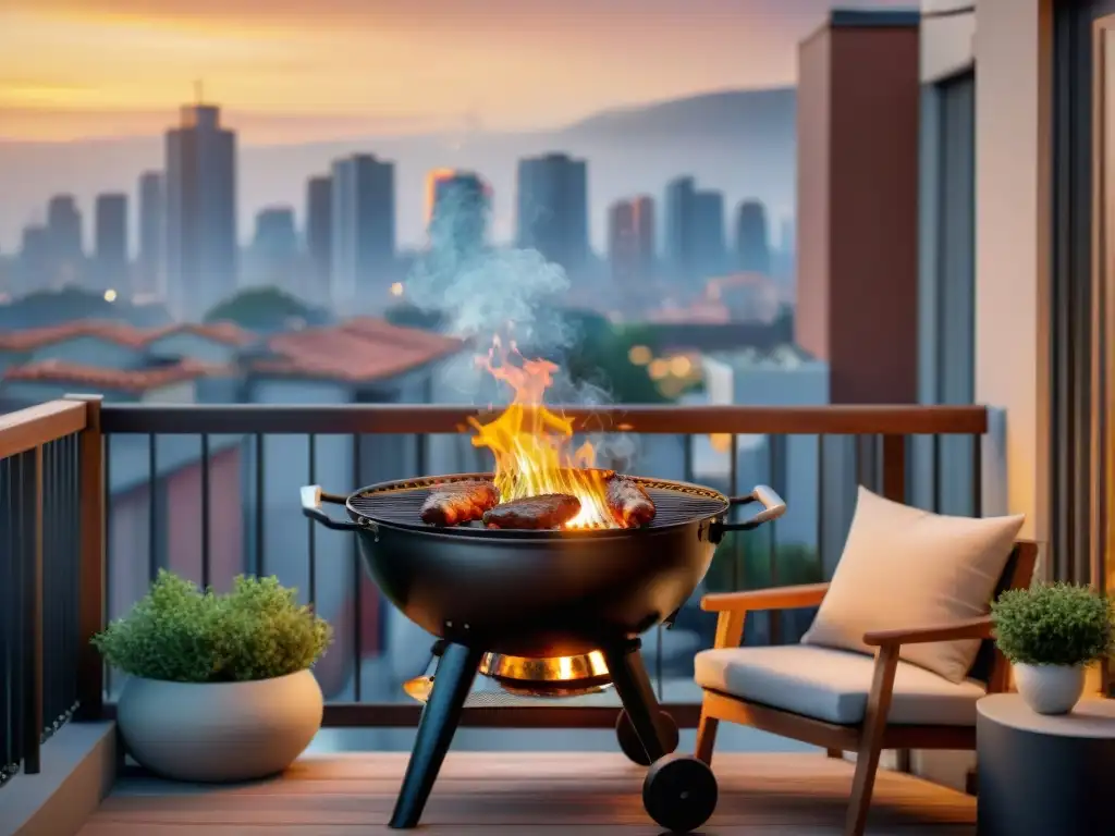 Un rincón acogedor para un asado a la parrilla en apartamentos, con una parrilla portátil, luces de hadas y una vista urbana al atardecer