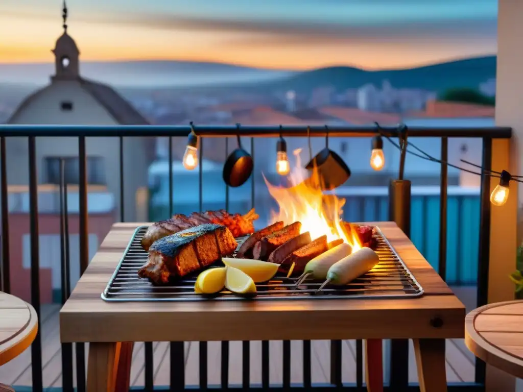 Un rincón acogedor para asado uruguayo en espacios limitados, con grill portátil y encanto urbano al fondo