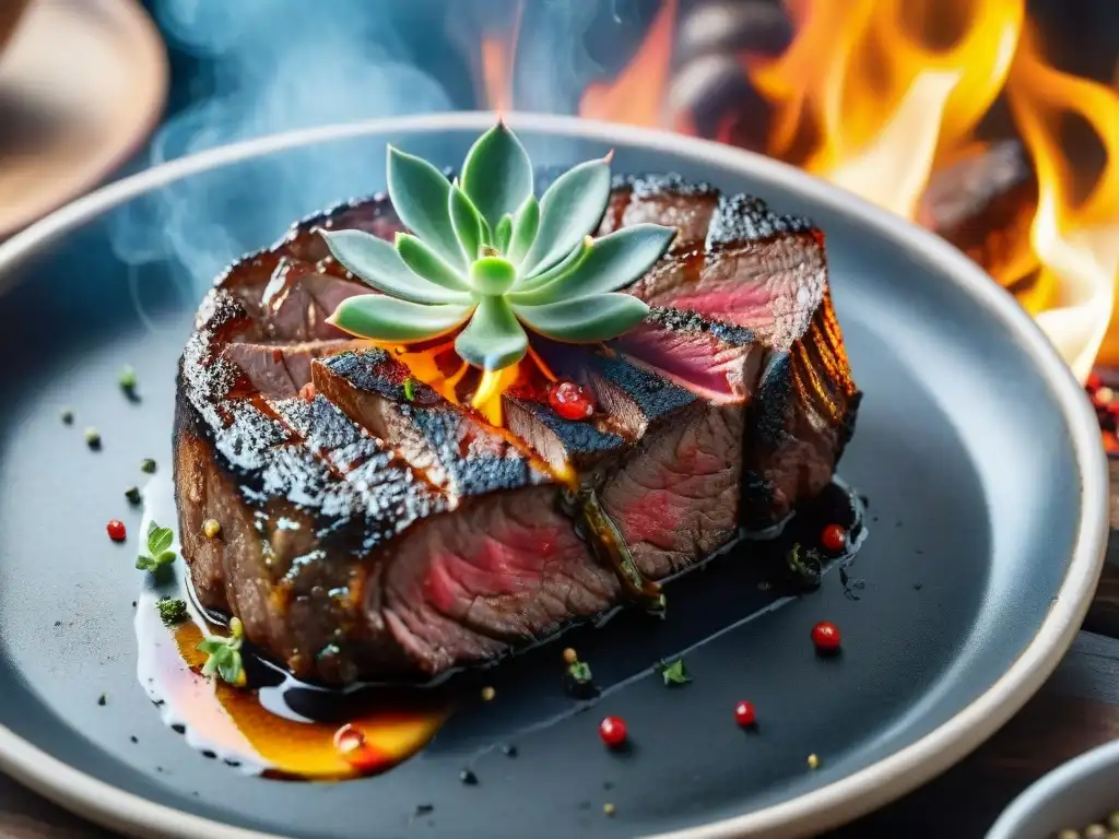 Riñonada asado a la parrilla con hierbas frescas y especias, jugoso y con marcas de parrilla, bajo llamas vibrantes