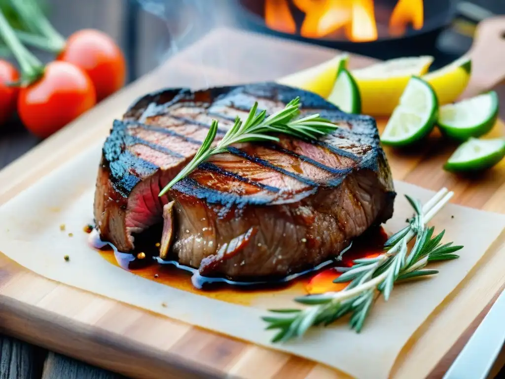 Una Riñonada asado a la parrilla en su punto, rodeada de vegetales y hierbas frescas, en una tabla de madera rústica