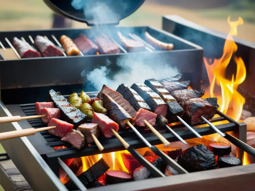 Deléitate con la riqueza gastronómica del asado uruguayo: churrasco, morcilla y chorizo cocinándose a la parrilla, entre gauchos y humo