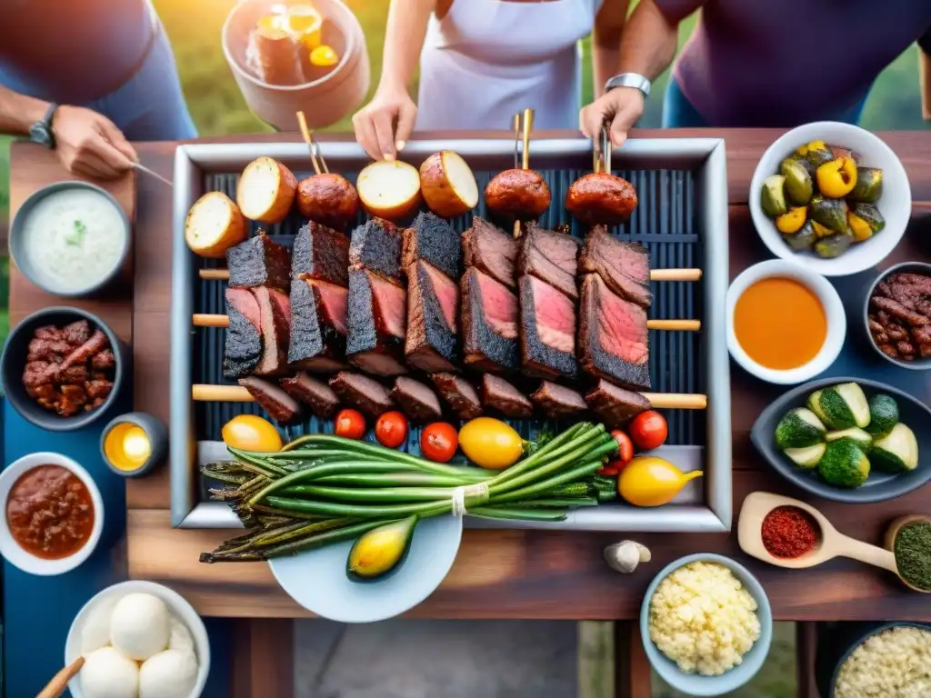 Un ritual asado uruguayo: amigos y familia disfrutando de un festín bajo un vibrante atardecer sudamericano