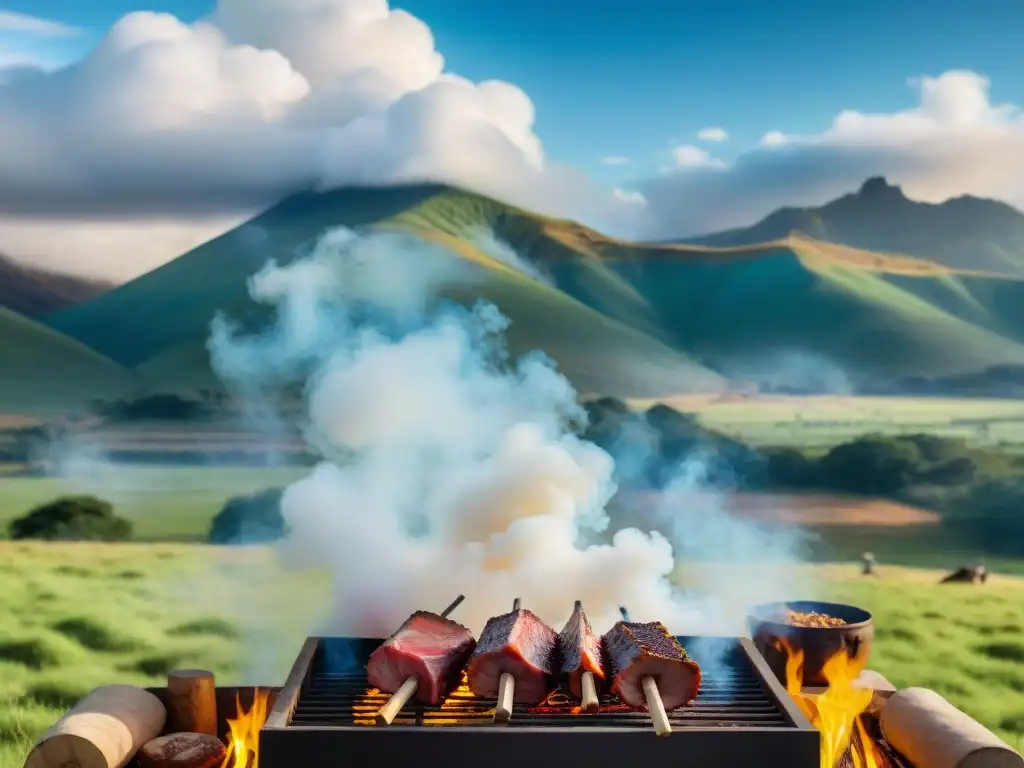 Un ritual asado uruguayo: gauchos preparando carnes frente a un asador en el campo