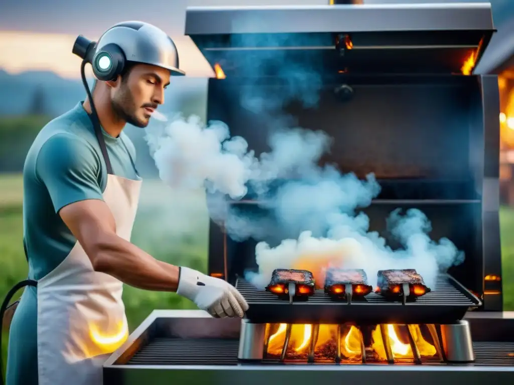 Un robot futurista limpia asado con herramientas modernas, fusionando tecnología y tradición culinaria