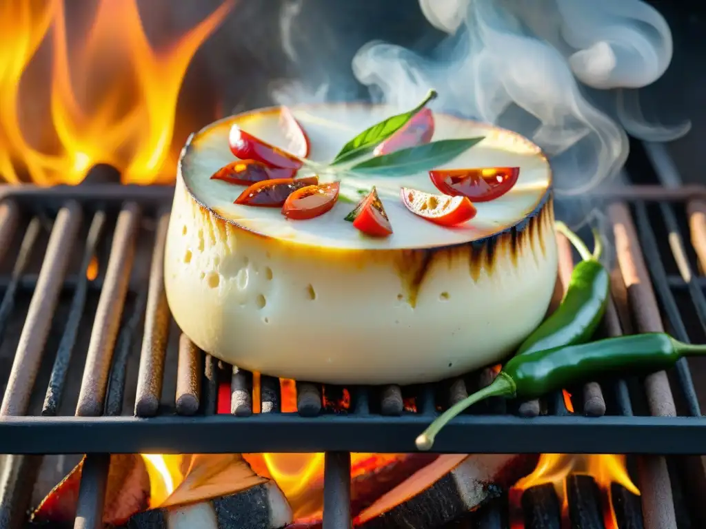 Rueda de queso provolone dorado derritiéndose lentamente en la parrilla, rodeada de ingredientes para un asado uruguayo