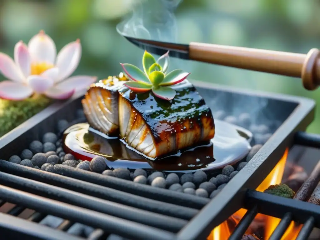 Una sabrosa escena de Asado de Anguila con Teriyaki en una parrilla, con un toque japonés