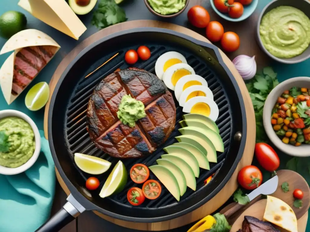 Una sabrosa receta auténtica de guacamole asado uruguayo con ingredientes frescos y coloridos en una parrilla tradicional