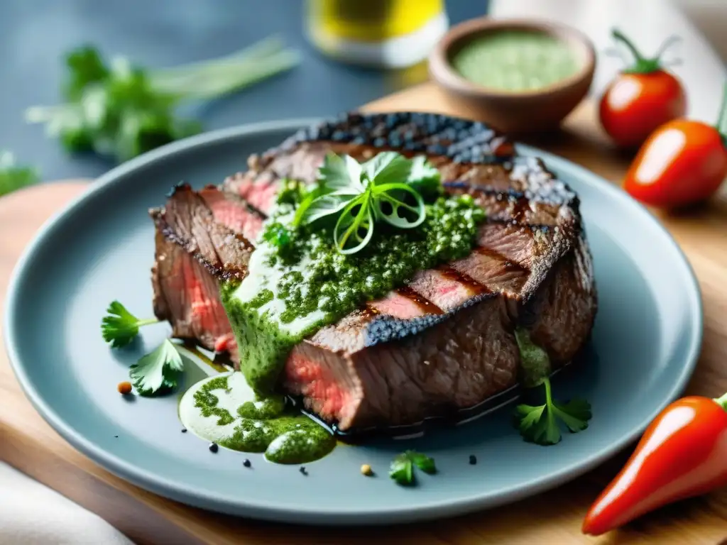 Sabrosa salsa chimichurri para asado perfecto sobre jugoso bistec a la parrilla en día soleado