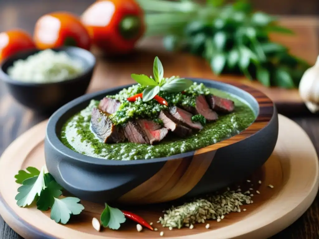 Sabrosa salsa chimichurri verde en un molcajete uruguayo, personalizar salsas clásicas uruguayas personalizadas