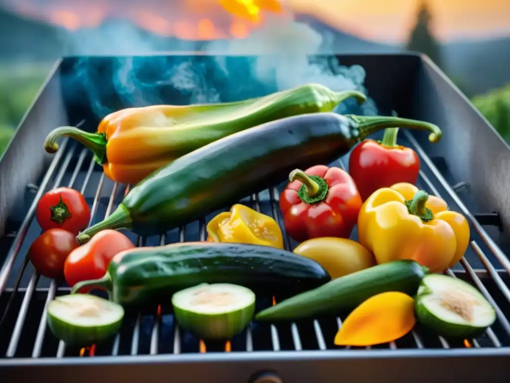 Sabrosas verduras asadas en una parrilla bajo un cálido atardecer