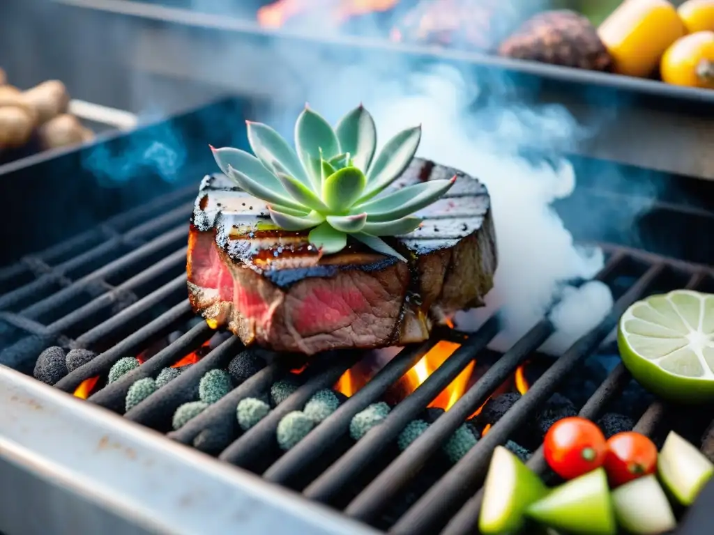 Sabroso asado de carne en la parrilla con salsas para asado de carne, vegetales y accesorios gourmet