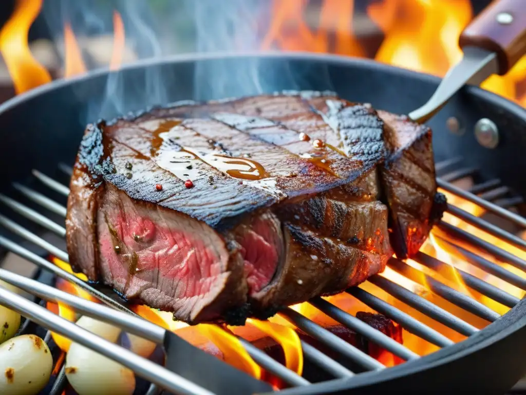 Sabroso asado uruguayo con maravillosas salsas y condimentos, en una parrilla al aire libre