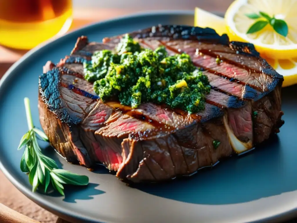 Sabroso asado uruguayo con salsa premium, hierbas verdes brillantes al sol, carne jugosa en su punto