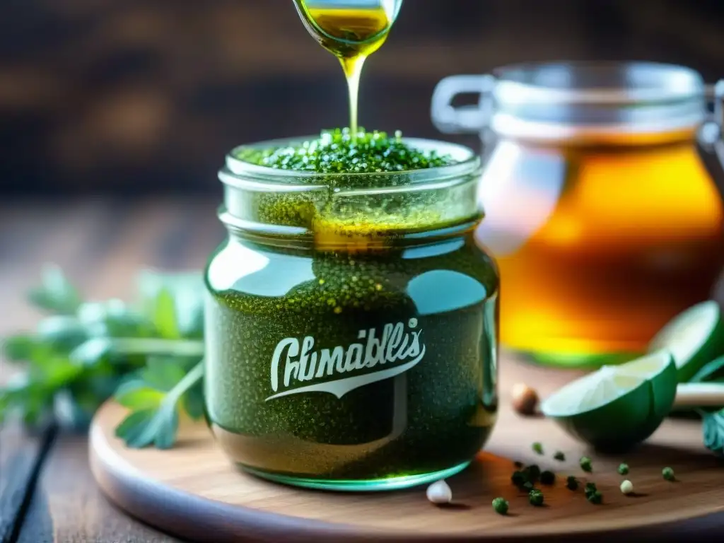 Salsa chimichurri para asado perfecto en frasco de vidrio con hierbas frescas, ajo y especias, bañada por la luz del sol en mesa rústica