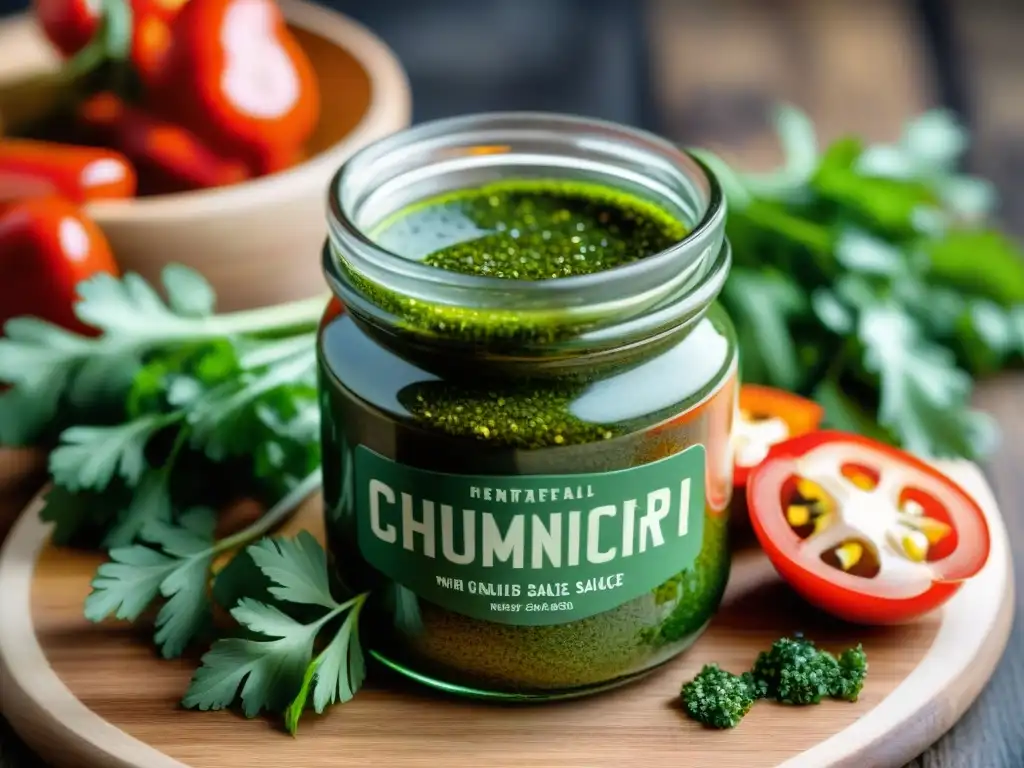 Salsa chimichurri para asado perfecto en frasco de vidrio con ingredientes frescos y coloridos sobre tabla de madera