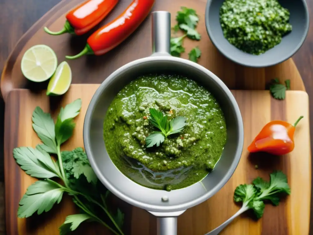 Salsa chimichurri para asado perfecto en molcajete con ingredientes frescos en mesa de madera rústica