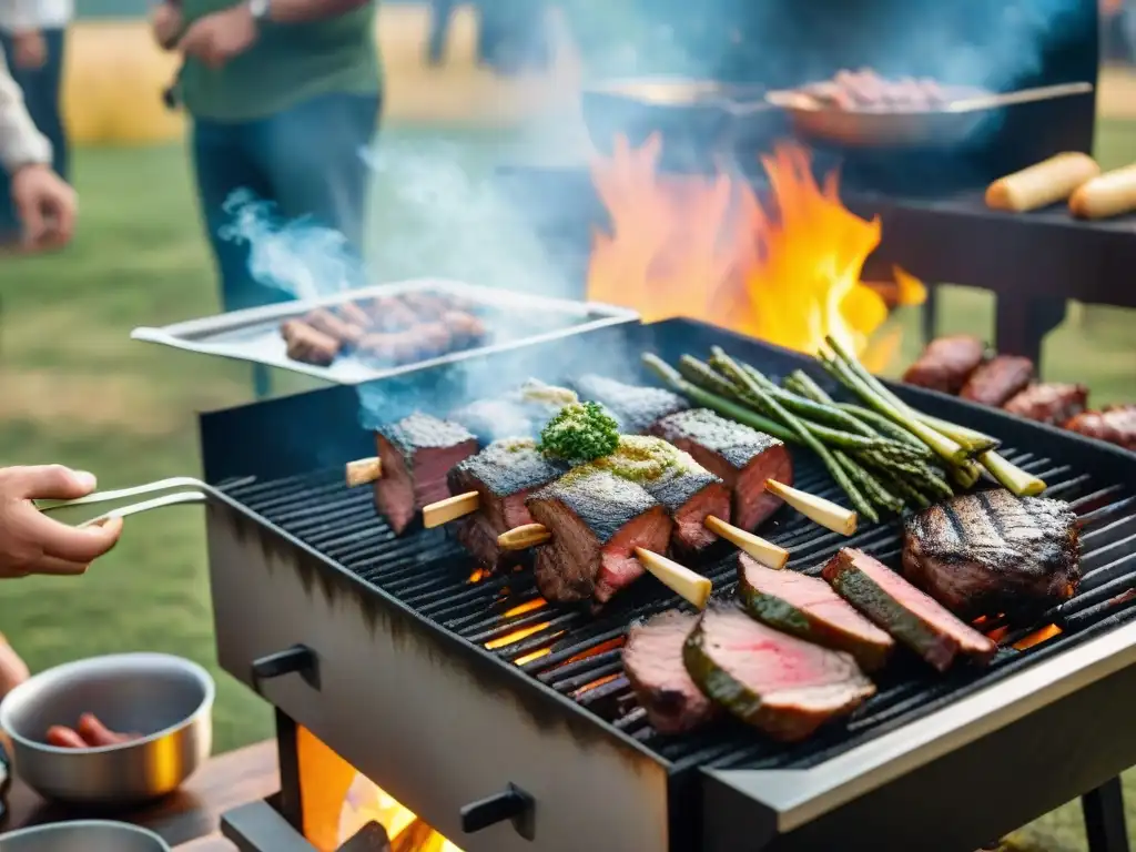 Salsa criolla para asado uruguayo: Escena de un asado tradicional uruguayo con amigos y familia alrededor de la parrilla, humo y chimichurri