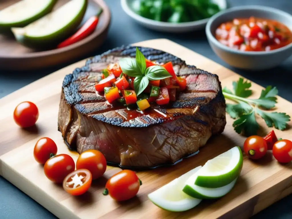 Salsa criolla roja y verde sobre un jugoso filete a la parrilla, rodeado de utensilios tradicionales uruguayos