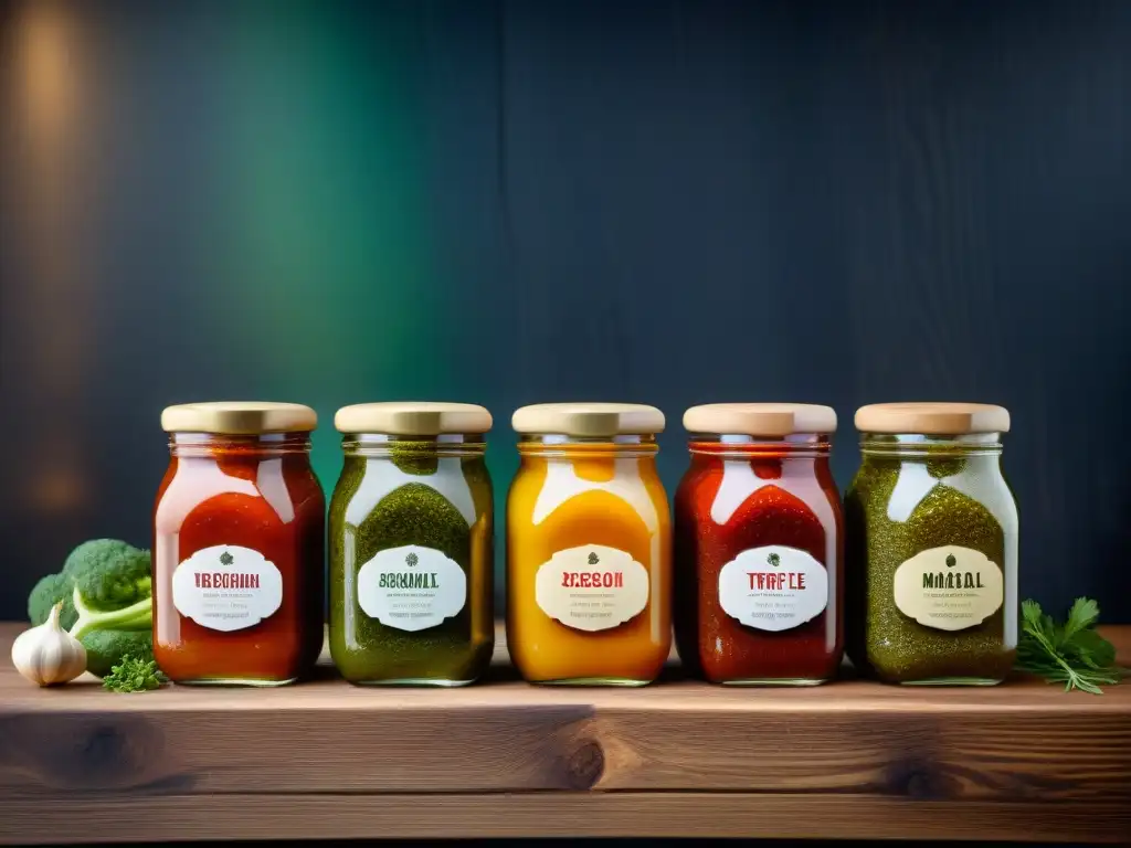 Salsas para asados vegetales gourmet en elegantes frascos de vidrio sobre mesa rústica iluminada naturalmente