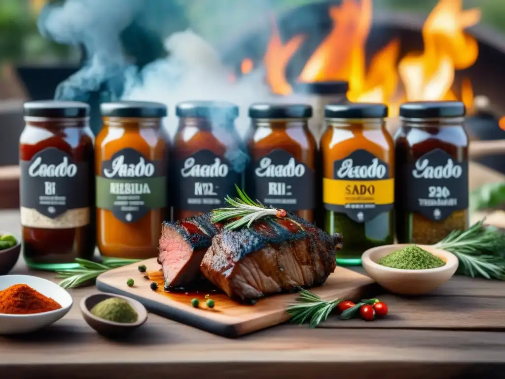 Salsas premium para asado uruguayo en una escena tradicional con hierbas frescas, especias coloridas y carnes a la parrilla