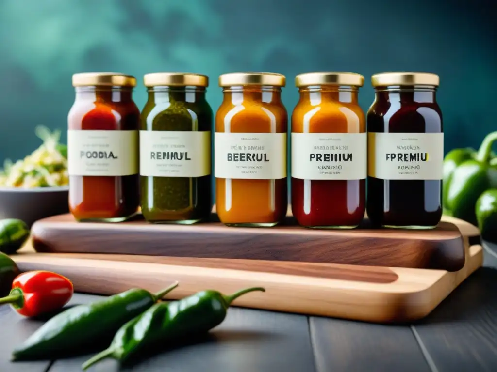 Salsas premium para asado uruguayo en elegante presentación de vidrio y madera con ingredientes frescos y coloridos