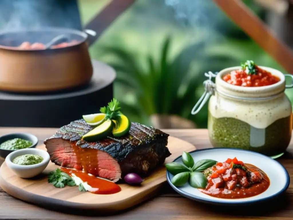 Salsas premium para asado uruguayo rodeadas de chimichurri, salsa de tomate y aioli, sobre mesa de madera rústica