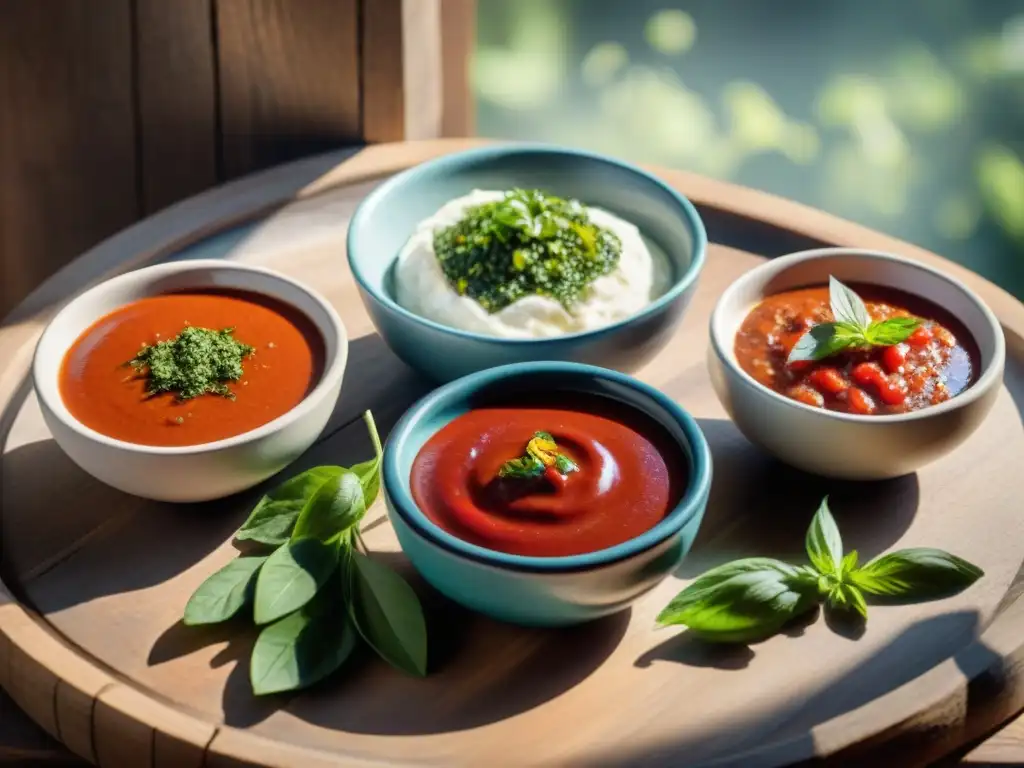 Salsas saludables para asado uruguayo en cuencos de cerámica sobre mesa rústica, con colores y texturas vibrantes al sol