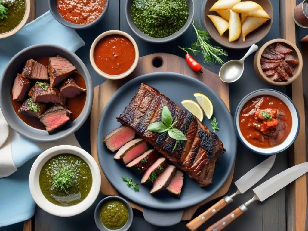 Salsas uruguayas para asado perfecto: variedad de sabores y colores junto a cortes de carne en una parrilla tradicional en el campo uruguayo