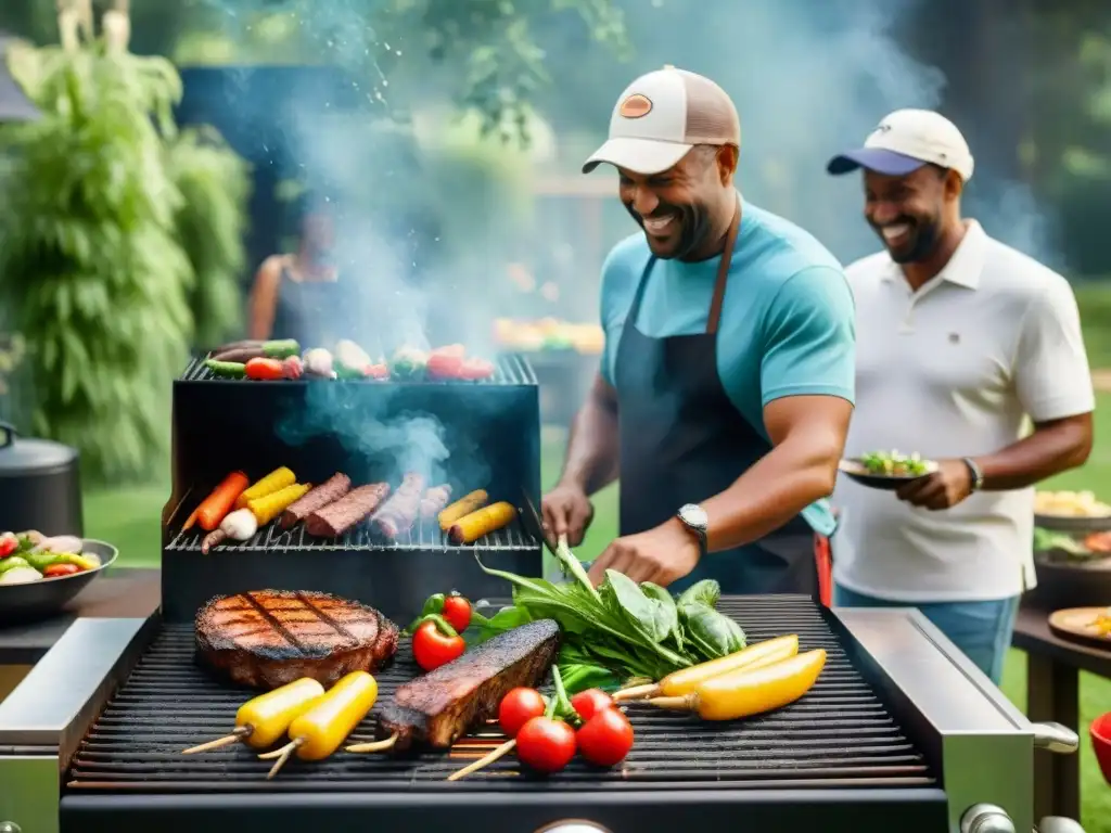 Celebración saludable con asado: vegetales y carnes magras sizzling en la parrilla, rodeados de diversidad y alegría al aire libre