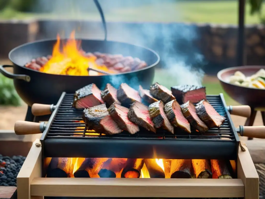 Secreto del asado uruguayo: cortes perfectamente dorados sobre brasas, chimichurri y vino en mesa de madera rústica en el campo soleado