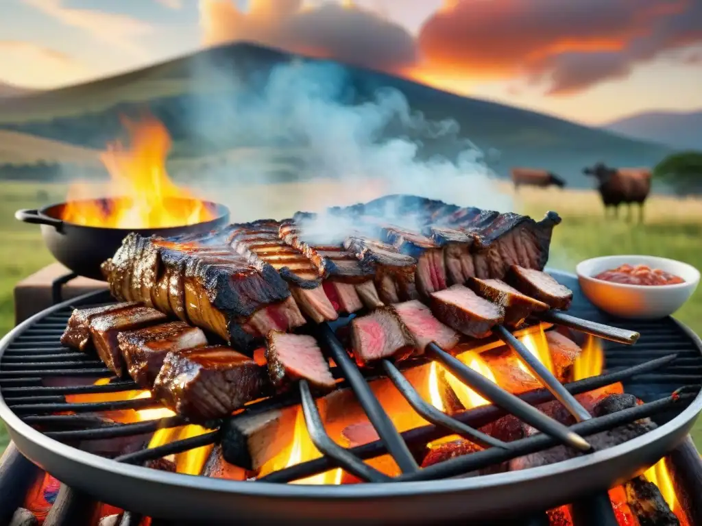 El secreto del asado uruguayo perfecto: parrilla cargada de cortes premium entre la bruma de humo, en paisaje campestre al atardecer