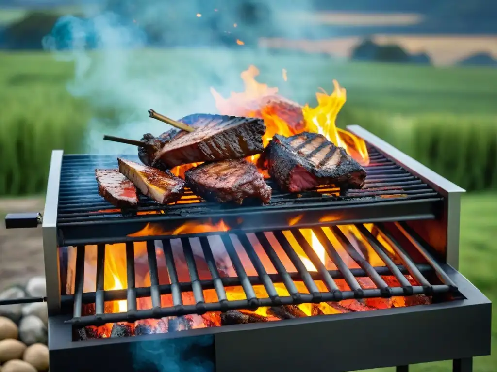 Secreto del asado uruguayo revelado: parrilla tradicional con brasas y carne en exuberante campo