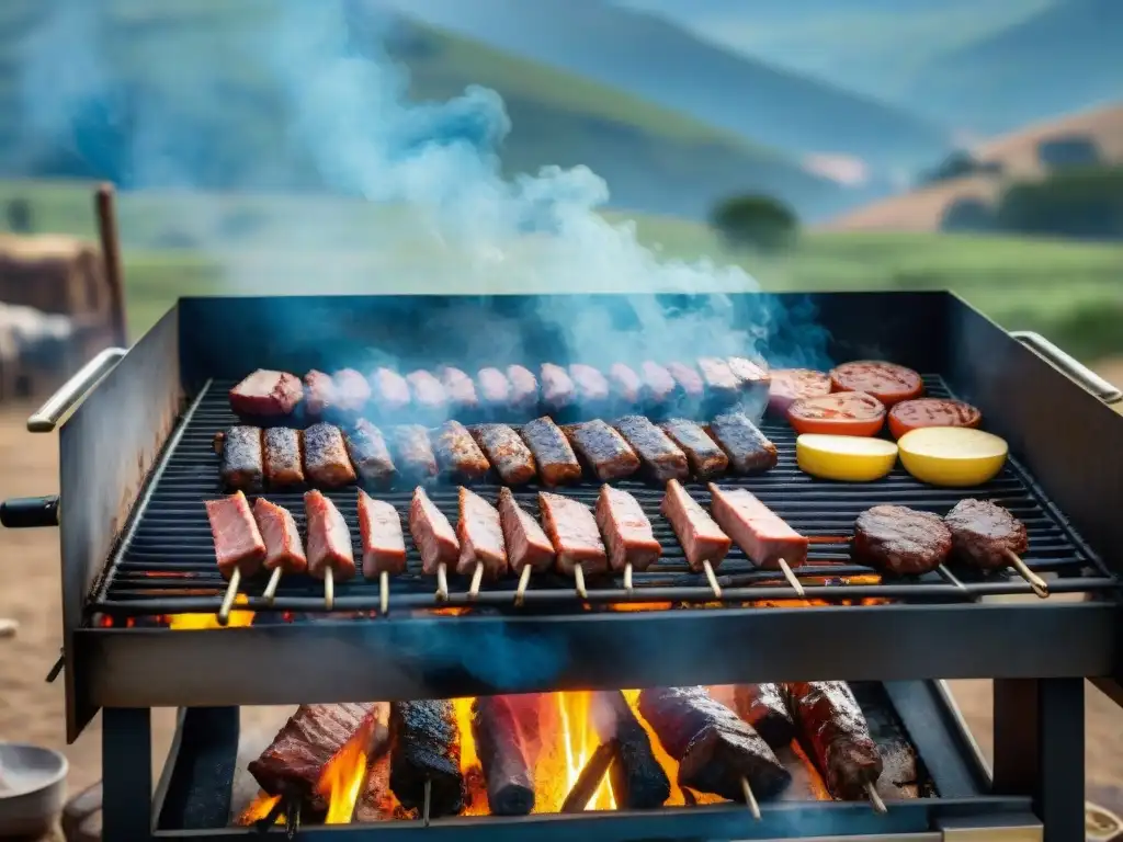 Secreto del asado uruguayo tradicional: parrilla con carnes suculentas cocinándose al aire libre por gauchos en el campo