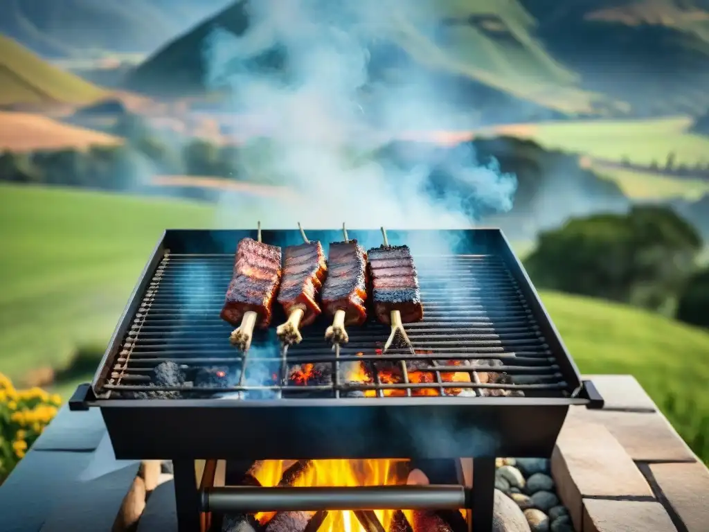 Secreto del asado uruguayo: variedad de carnes en la parrilla, paisaje campestre y cielo azul