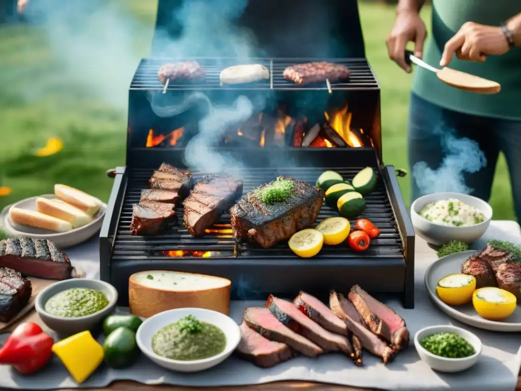 Deléitate con los Secretos del asado uruguayo: carne sizzling en la parrilla, jardín verde y mesa rústica con delicias