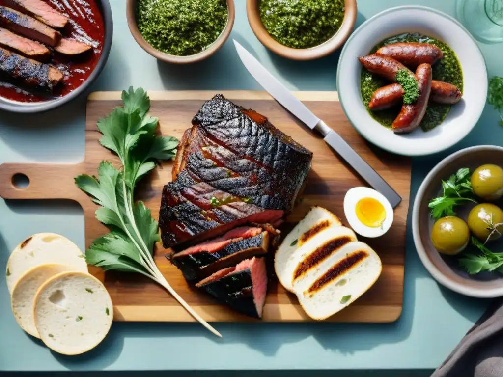 Disfruta de los Secretos del asado uruguayo en una escena de parrillada perfecta con vino Tannat, chimichurri y vegetales a la parrilla