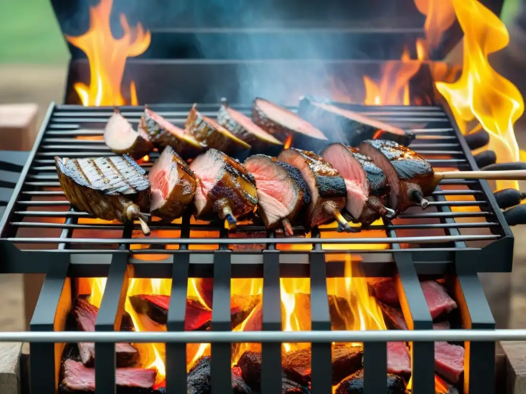 Secretos del asado uruguayo: Expertos parrilleros cocinan carnes en parrilla con llamas vibrantes y atmósfera tradicional