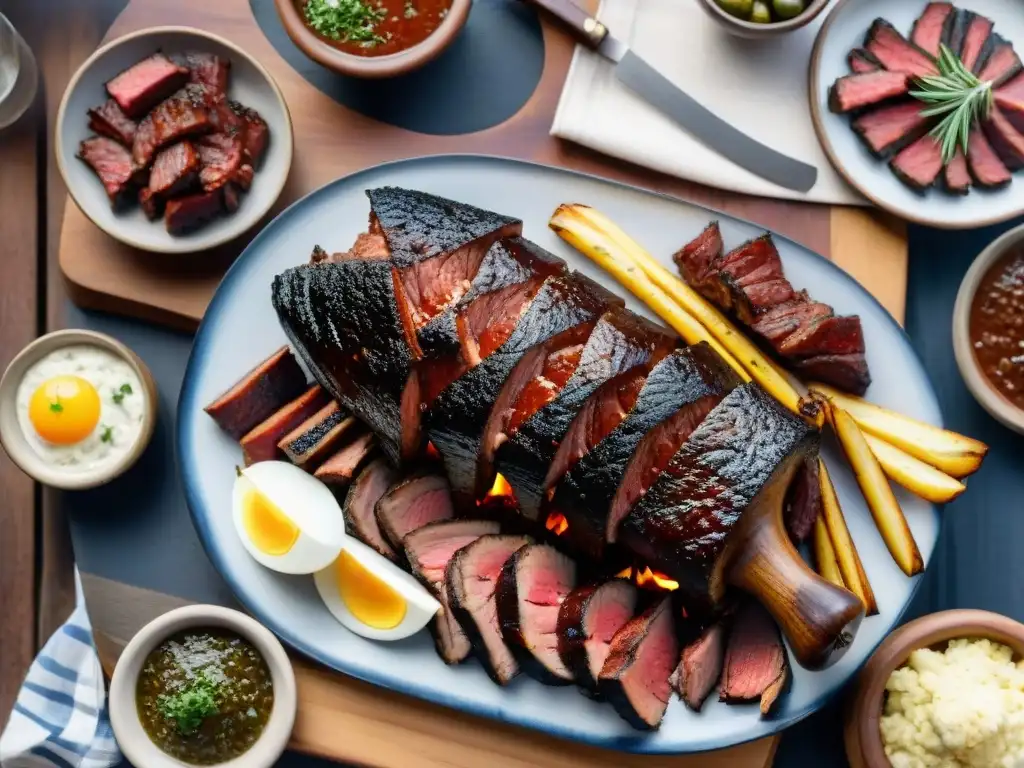 Secretos del asado uruguayo tradicional: una escena campestre con gauchos asando churrasco y morcilla en una mesa rústica