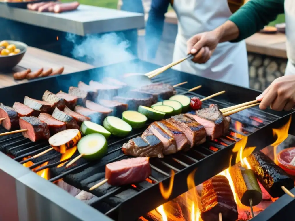 Secretos asadores uruguayos punto perfecto: Asadores expertos preparan suculentas carnes en parrilla al aire libre en vibrante celebración