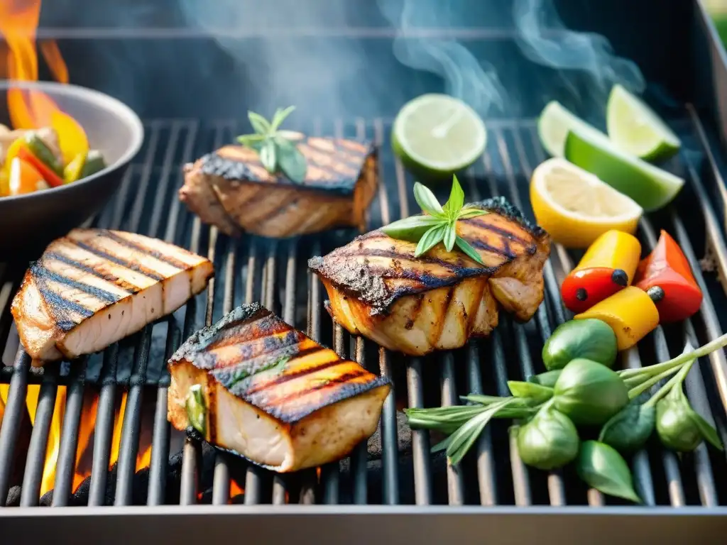 Una selección diversa de opciones de asado saludables sizzling en la parrilla, con colores vibrantes y aromas tentadores