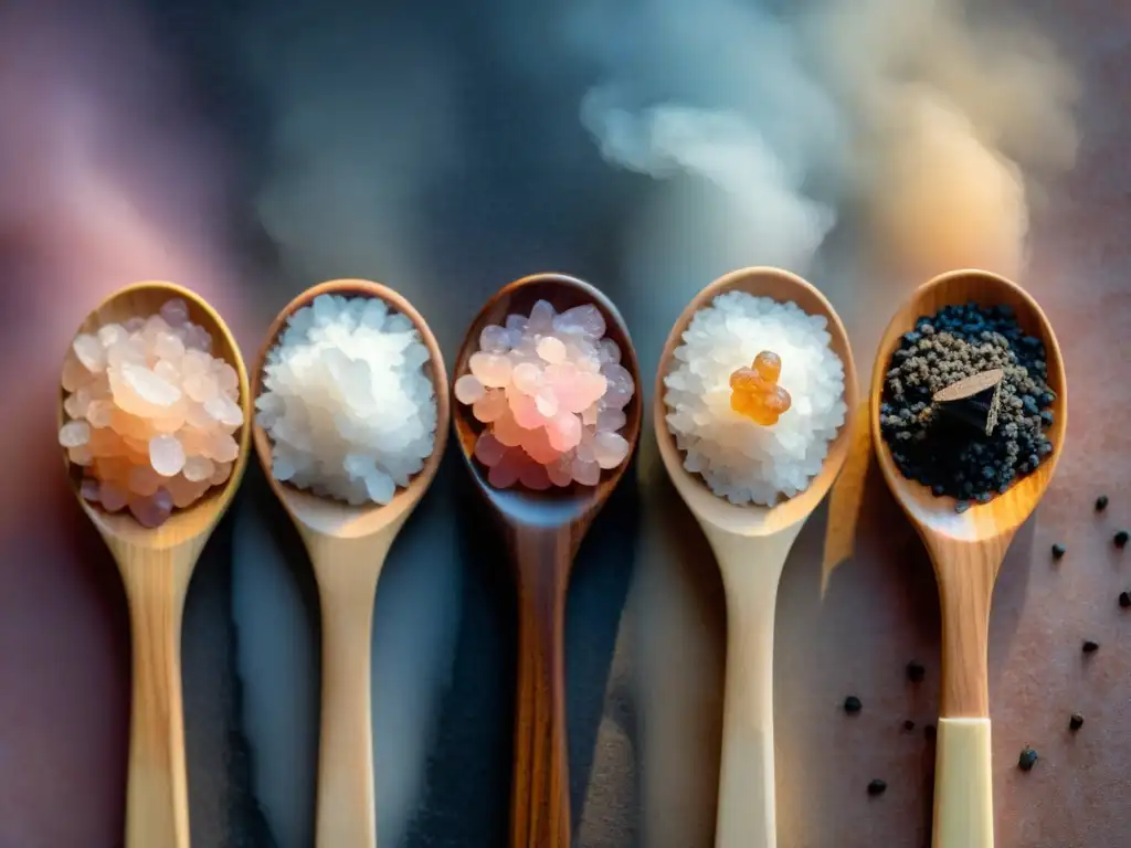 Una selección de exquisitos tipos de sal para asado en cucharitas de madera, iluminados naturalmente