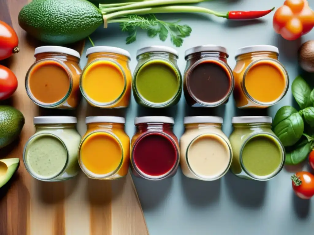 Una selección vibrante de salsas saludables para asado en frascos de vidrio, junto a hierbas frescas y vegetales coloridos en una mesa de madera, bañada por la cálida luz del sol